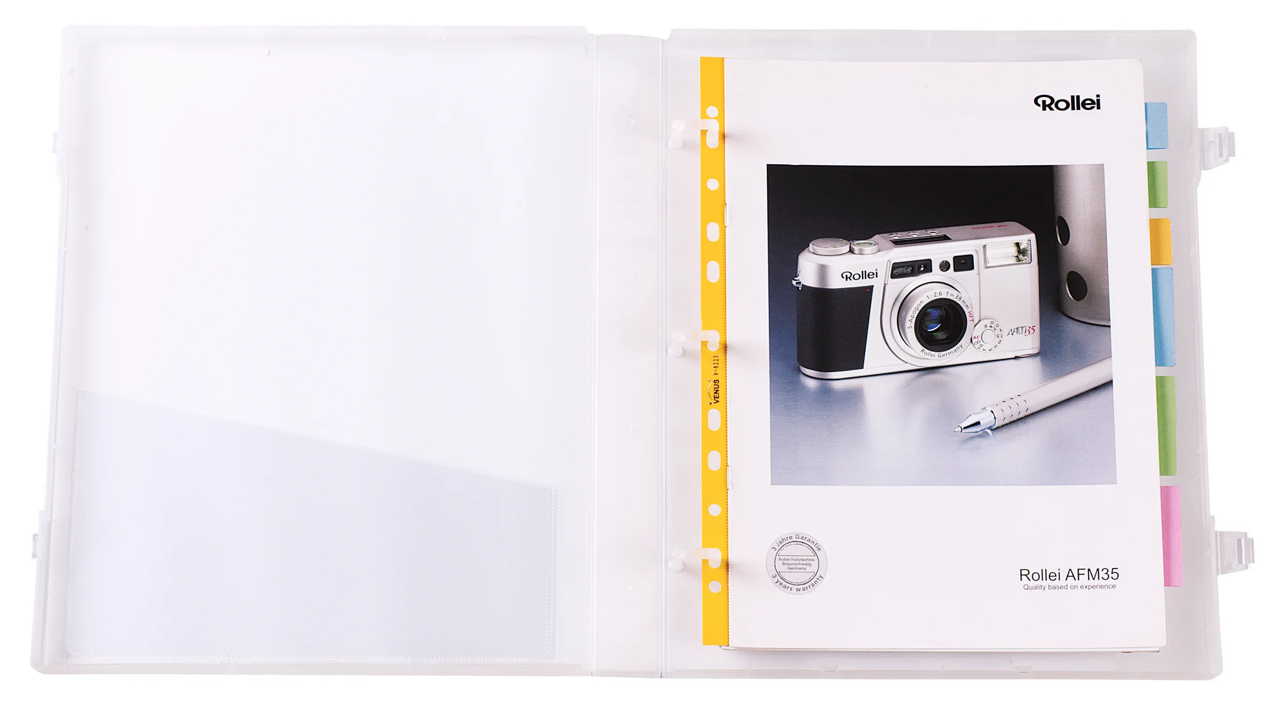 Self-adhesive reinforcing strip applied to catalog edge, allowing the document to be stored in a ring binder for organized filing.