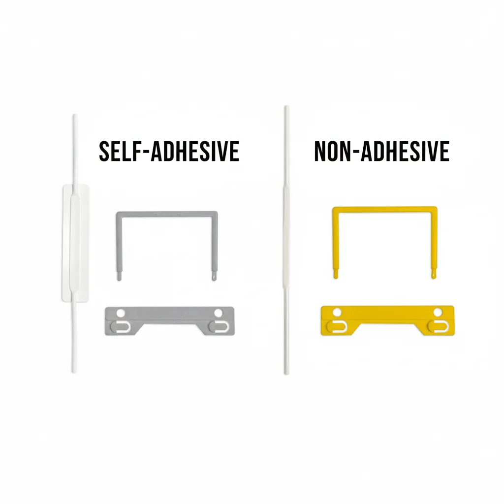 Plastic tube file fastener comparison showing self-adhesive and non-adhesive U-clip components for document binding.