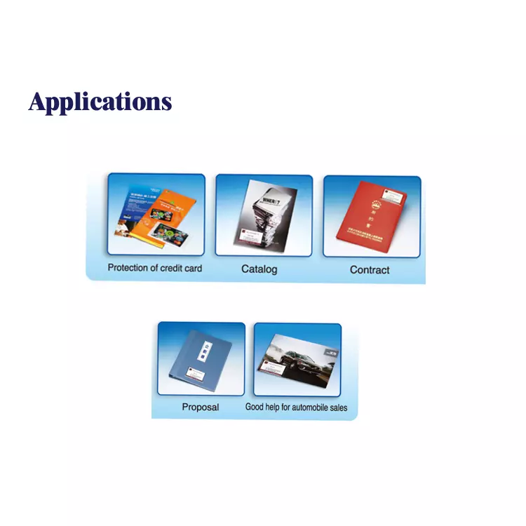 Applications of adhesive business card pocket for card protection and information display on catalogs, contracts, and sales materials.