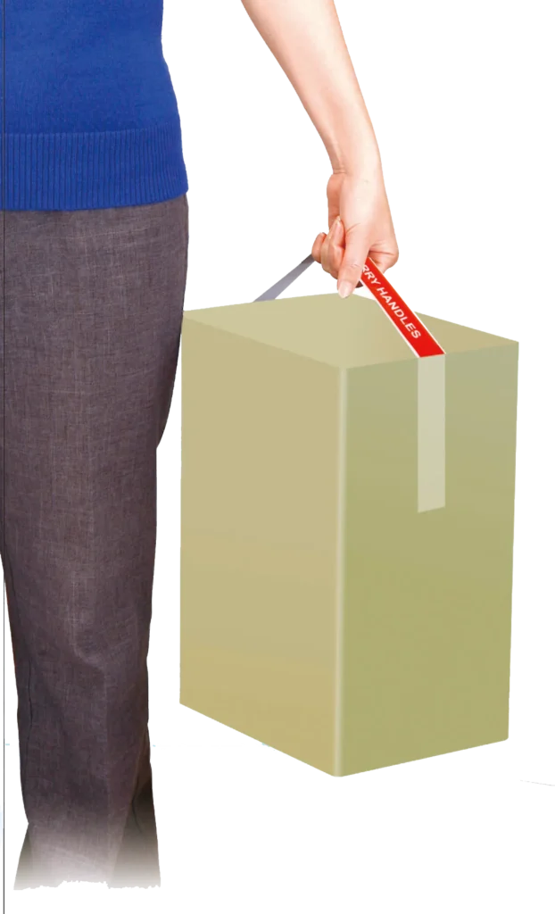 Adhesive carry handle attached to a box, with hand lifting to demonstrate convenient carrying and packaging portability.