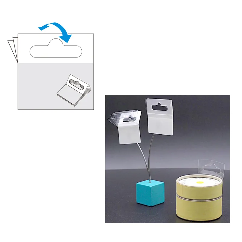 Self-Adhesive Flexible Hang Tabs 5 Flexible self-adhesive hang tabs in multi-piece format, applied to round product packaging for retail display; top-left shows flexible hang tabs illustration.