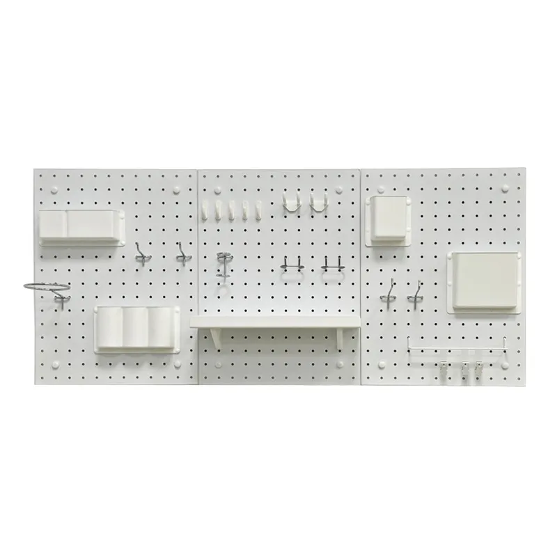 Pegboard organizer kit 3-piece set with hooks, shelves, and storage bins, showing full modular wall storage configuration.