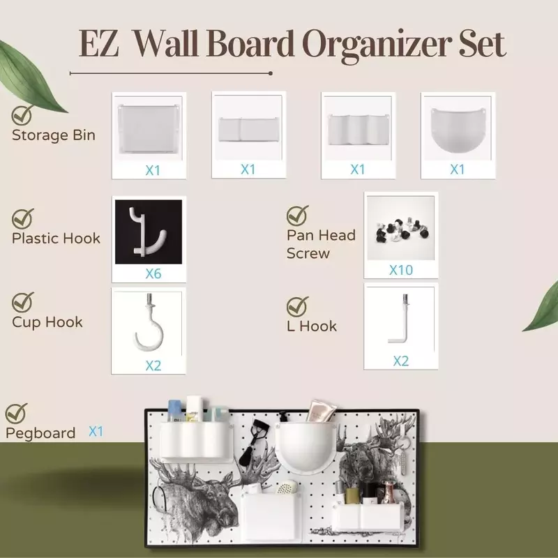 Customizable pegboard wall organizer kit with storage bins, hooks, screws, and accessories, showing complete set components for wall storage.