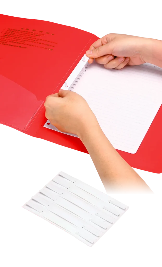 User demonstrating how to use a white self-adhesive file fastener to bind punched papers into a red report cover, ideal for secure document organization.